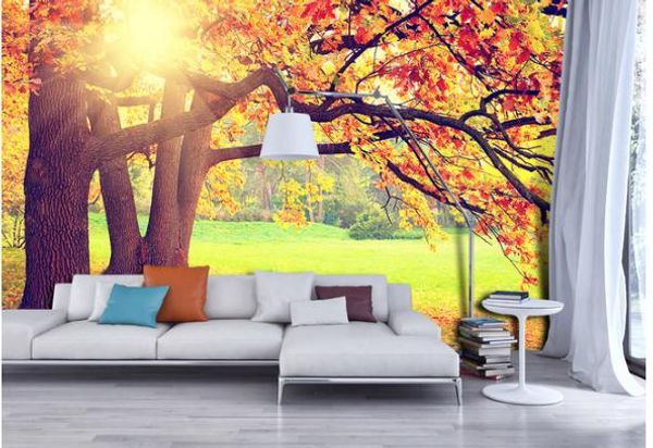 Benutzerdefinierte Fototapete Berg Herbst Ahornblätter Naturlandschaft Hintergrund Wand Moderne Wandmalereien für Wohnzimmer Schlafzimmer Home Decor