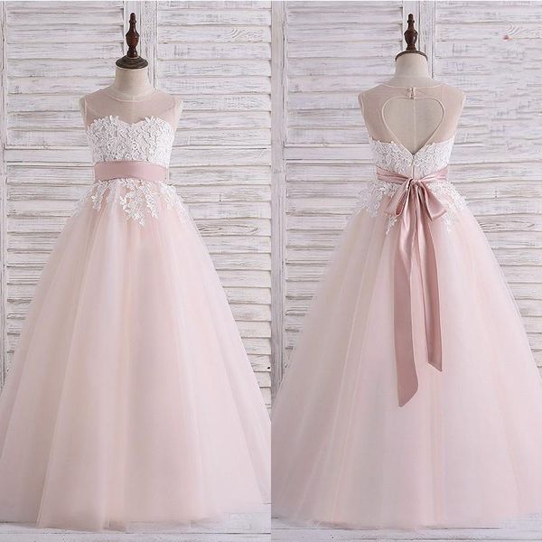 Adorável 2018 Bush Tule Rosa Flor Meninas Vestidos Para Casamentos Barato Sheer Crew Heart Cut Out Com Sash Menina Pageant Vestido EN2097