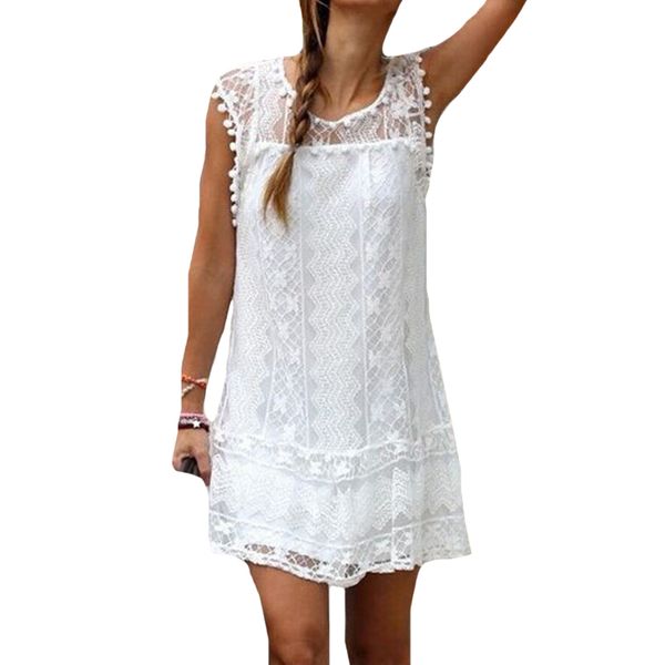 

2018 new arrival summer women white lace dress floral sleeveless short casual dresses black o neck elegant female mini dress, Black;gray