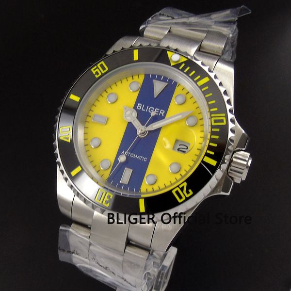 

solid bliger 40mm blue yellow dial ceramic bezel luminous marks sapphire glass automatic movement luxury men's wristwatch b146, Slivery;brown
