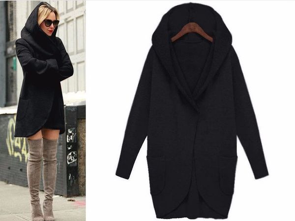 

women loose coat classic solid hooded long woolen coat jacket for women female lady coat with pockets, Black