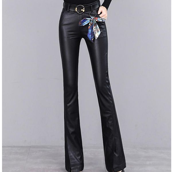 

new pu split pants autumn and winter flare pants trousers high waist, Black;white