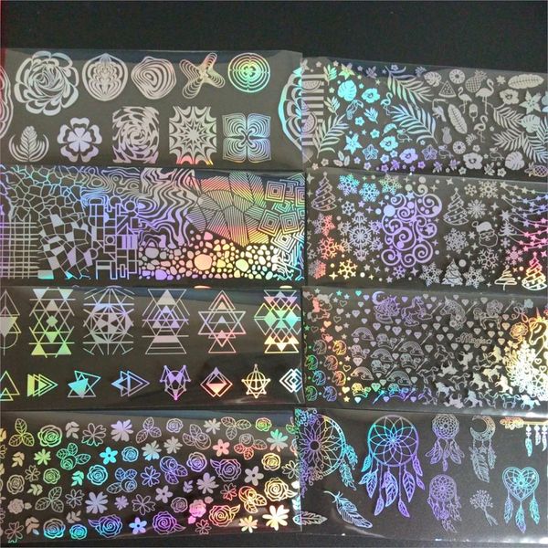 

8pcs*20cm clear laser transfer sticker holographic nail foil stickers christmas tree dreamcatcher rose nail art decal, Black