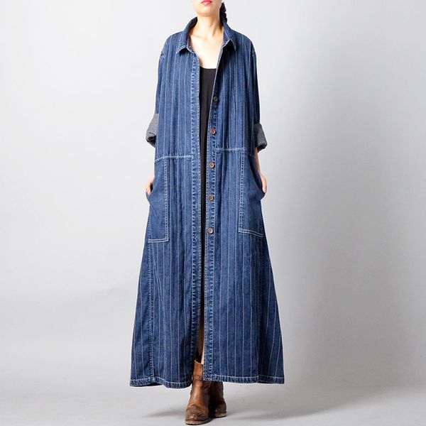 

2018 new vintage denim long coat for women plus size loose striped outerwear long sleeve dresses single-breasted, Tan;black