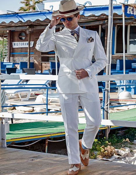 Abiti da uomo Custom Made Bianco Doppio Petto Slim Fit Abiti da sposa casual Smoking su misura 2 Pezzi Best Man Prom Sposo (Giacca + Pantaloni)