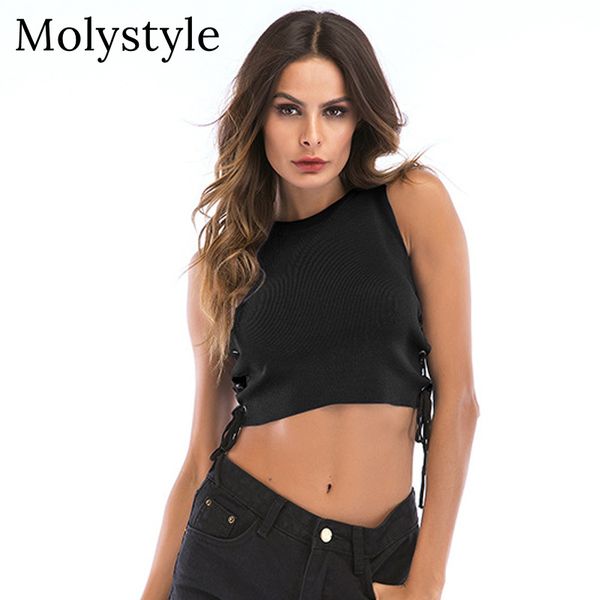 

molystyle 2018 new sleeveless knit tank women summer slim stretch tank female casual side bow lace up vest, White