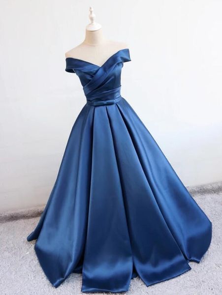 

2020 vintage dark blue v neck prom dress off the shoulder satin ruched a line princess designer evening formal dress gown for women, Black