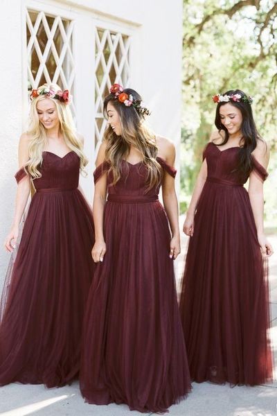 Acheter 2019 Bourgogne Robes De Demoiselle Dhonneur De Style Champêtre Hors épaule De Mariage Robes De Fête Dinvité Demoiselle Dhonneur Robe Pas