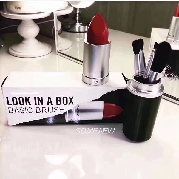 

famous brand look in a box basic brush 4pcs set brushes set with big lipstick shape holder makeup tools brush set dhl shipping