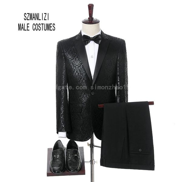 Em Estoque Elegante Terno Homens Para O Casamento 2018 Homens Se Vestem Traje Homme Terno Slim Fit Preto Impresso Flor Groomsmen Noivo Terno Mens Tuxedo