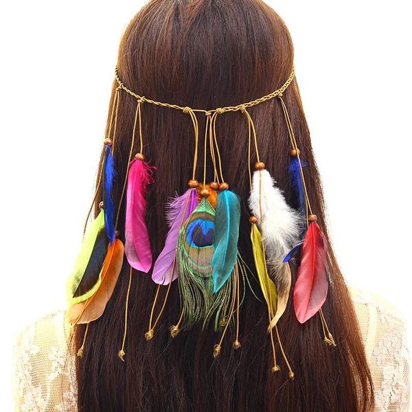 

bohemia peacock feather hairband girls fashion hippie indian national woven hair belt ornament feather barrette 6 colors wholesale, Silver