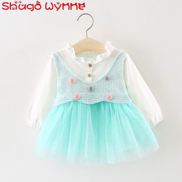 

autumn baby girls long sleeve ruffles colloar patchwork mesh pleated tutu kids party princess cute dress vestidos, Red;yellow