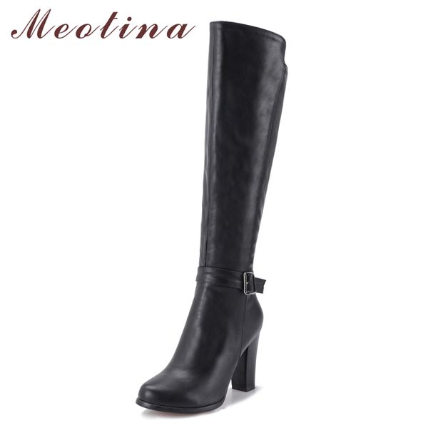 

meotina winter knee high boots shoes riding boots for women buckle thick high heel long with zipper ladies footwear brown, Black