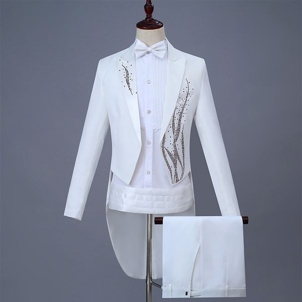 

jacket+pant+belt+bow)mens wedding groom slim fit dress suits with diamonds stage costume singer host chorus suits tuxedo white, White;black