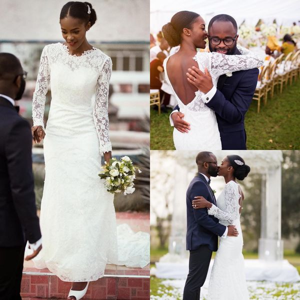 

2018 elegant new full lace crew neck mermaid wedding dresses with long sleeves sweep train arabic backless wedding bridal gowns, White