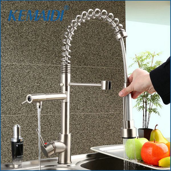 

kemaidi brushed nickel kitchen faucet pull out down swivel 360 cold brass water tap sink torneira cozinha faucet,mixer tap