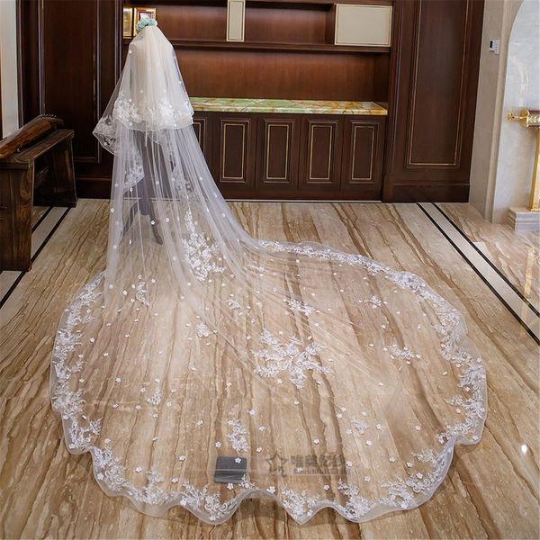 Eleganti due strati lunghi veli da sposa cattedrale applicazioni floreali in pizzo morbido tulle uno strato ampio velo da sposa con pettine259Q