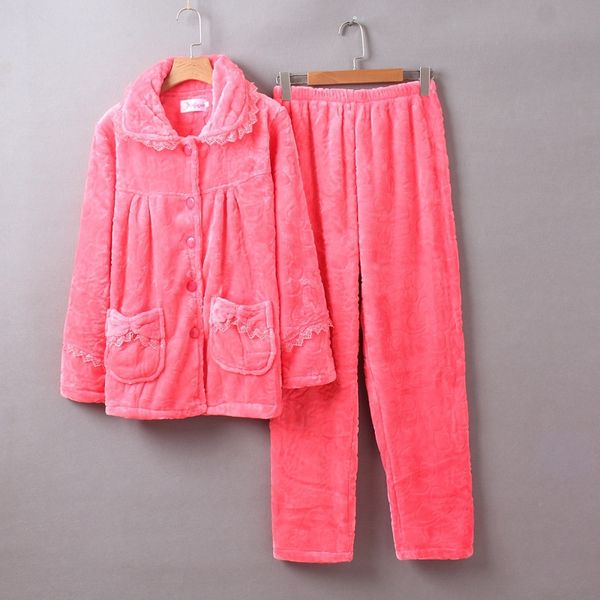 

женские толстые пижамы твердые теплые фланель кардиган пижамы костюм для женщин дамы женские зимние пижамы, Black;red