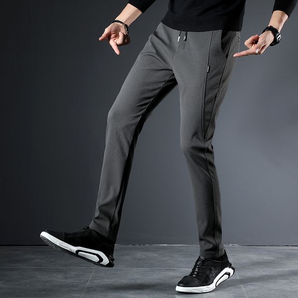 

classic casual pants men elastic waist solid color men's pants slim fit trousers black darkgray lightgray male