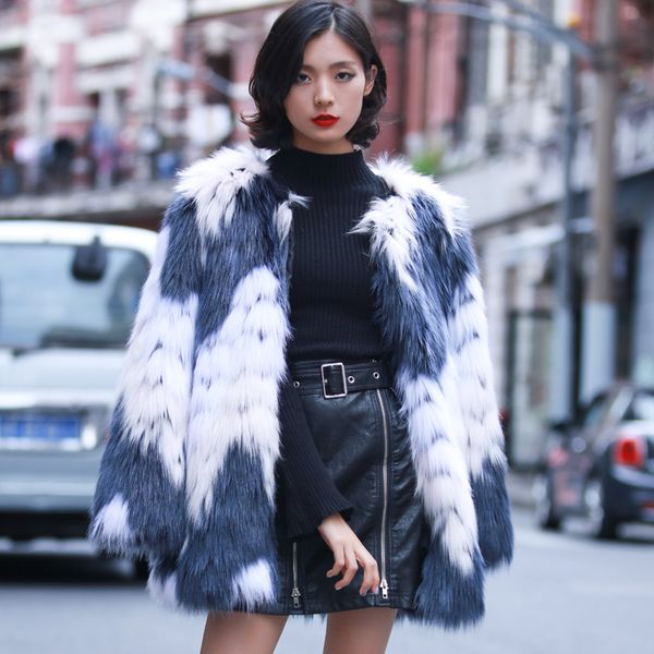 

yasuguoji new fashion colorful panelled thick warm winter coat women o-neck artificial fur jacket fur faux coat lpc8, Black