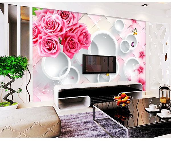 

custom retail роуз 3d стерео круг тв фоне стены фантазии розовая роза красочные бабочки белый круг