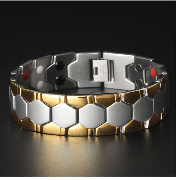 

18mm magnet magnetic therapy energy titanium steel bracelet for men electroplating gold stainless steel male jewelry bisuteria, Golden;silver