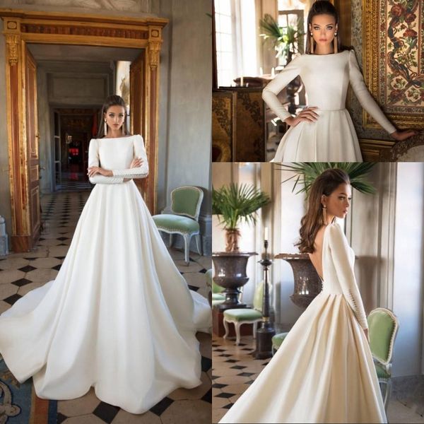 

2019 milla nova satin wedding dresses a line backless sweep train long sleeve wedding gowns bateau neck winter autumn bridal dress plus size, White