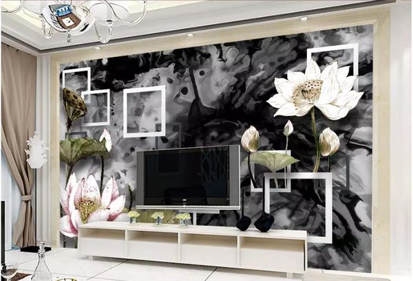 papel de parede 3D Benutzerdefinierte Fototapete Wallpaper Moderne abstrakte Quadrat Lotus Blume Kunst Wohnzimmer TV Hintergrundbild für die Wände 3d