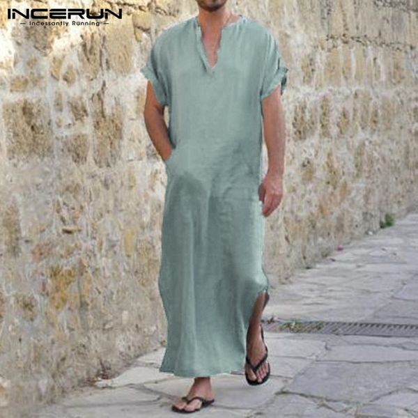 

incerun natural s-5xl men robe dress short sleeve 100%cotton v-neck full length bathrobe lounge male gown vacation clothing male, Black;brown