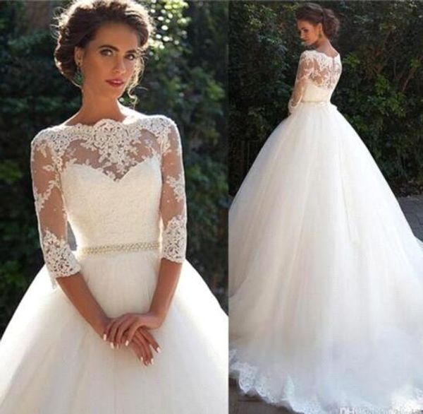 

1/2 Long Sleeves Lace A Line Wedding Dresses 2018 Elegant Tulle Applique Beaded Sash Sweep Train Wedding Bridal Gowns With Buttons BA3678