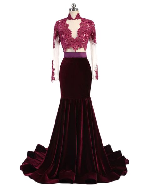 

2020 women's 2 piece prom dress crystal beaded lace evening dress floor length mermaid velvet formal dress with long sleeves illusion, Black
