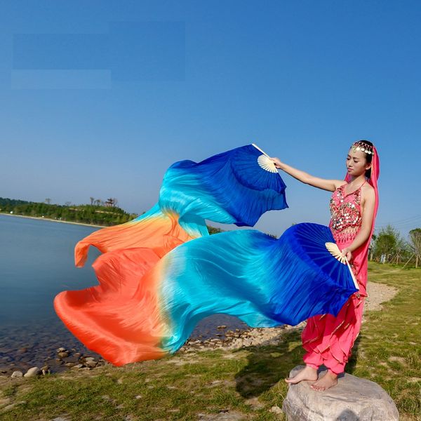 

Stage performance property dance fan 100 ilk veil dip dye colored 120cm 150cm 180cm women belly dance fan veil