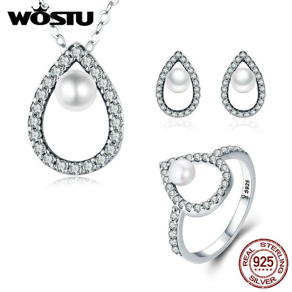 

wostu 2018 authentic 925 sterling silver clear dazzling cz waterdrop tear shape pearl jewelry set elegant women s925 gift zbs047