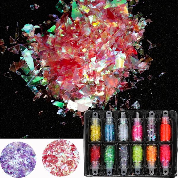 

12 bottle nail glitter flake set glass nail art sequins 12pcs fluorescent candy irregular laser hologram art decoration, Silver;gold