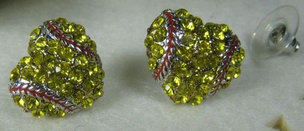 

yellow discount rhinestone softball stud earrings / gift for sports mom spots team gift for her softball mom fashion earring hook stud, Silver