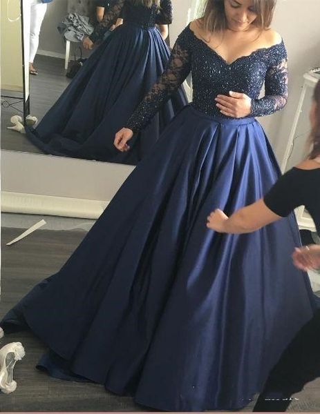 

Plus Size Prom Dresses Dark Navy Blue Satin Lace Off The Shoulder A-line Long Sleeves Formal Evening Party Gowns Custom Made