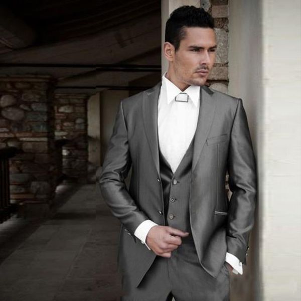 

italian shinny grey men suit wedding man blazer jacket vintage formal business vest pants slim fit groom tuxedos bridegroom suit 3 piece, Black;gray