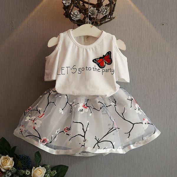 

summer children girls butterfly letters t shirts floral +tutu skirt baby clothing set 2pcs clothes suit for infant, White