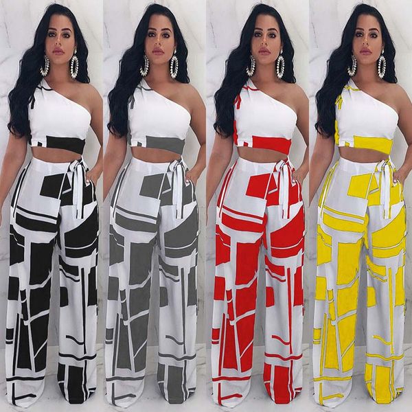 

Women Sloping One Shoulder Crop Top + Wide Leg Pants Two-piece Club Party Playsuit Jumpsuit Clubwear Long Trousers