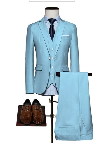 Brand New Sky Blue Tre pezzi Smoking dello sposo Notch Risvolto One Button Uomo Blazer Uomo Business Formal Prom Suit (Jacket + Pants + Tie + Vest) 1174