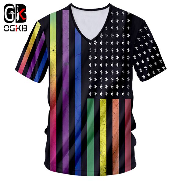 

ogkb summer cool print american flag 3d t-shirt with v neck for women/men's hiphop streetwear punk short sleeve casual tees, White;black