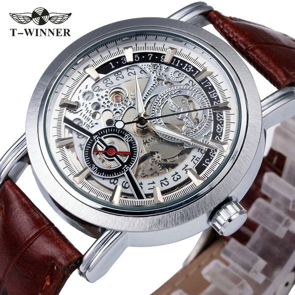 

2018 winner men dress auto mechanical watch brown leather strap date display sub-dial skeleton dial fashion design wristwatch, Slivery;brown