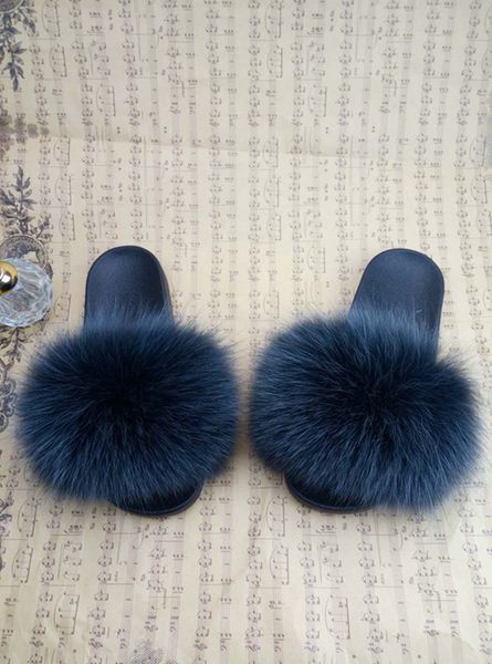 

Women Fox Fur Slippers Real Fox hair Slides Female Furry Indoor Flip Flops Casual Beach Sandals Fluffy Plush Shoes Real Fur