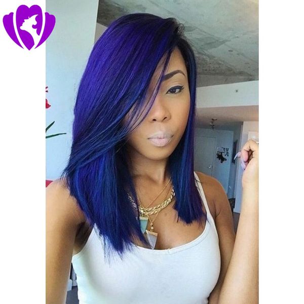 

side part ombre color short wigs cut blue color synthetic lace front bob wig heat resistant fiber for black white womem