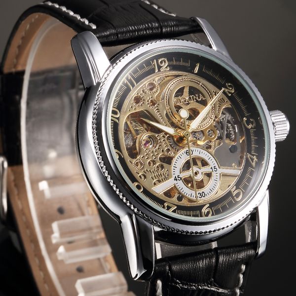 

male clock orkina classic skeleton watch silver tone montre homme automatic mechanical wristwatch leather band horloges mannen, Slivery;brown