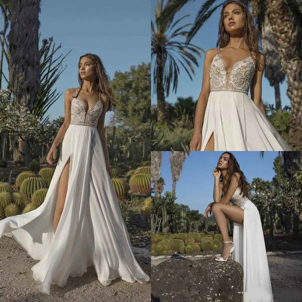 

2020 boho wedding dresses applique sequins beaded side split beach wedding gowns chiffon backless plus size bridal dress, White