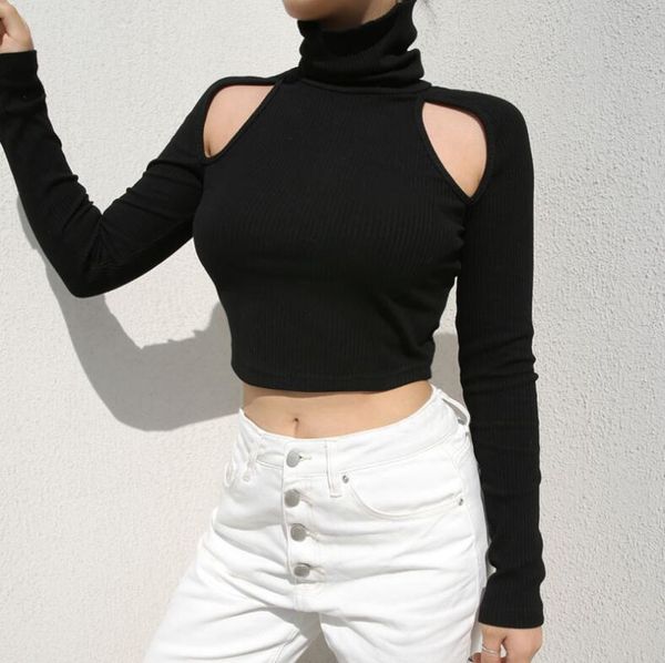 

new 2018 high collar long sleeve hollow out t-shirt female, White