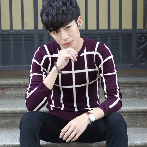 

fall plaid knitted sweater men's round turtleneck youth korean version of the round turtleneck sweater, White;black