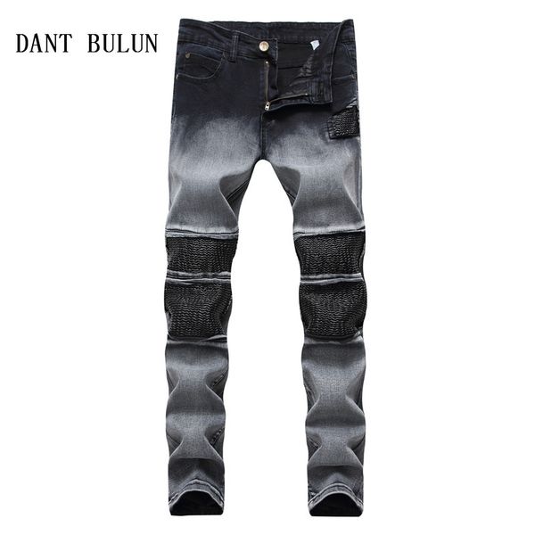 

dant bulun men jeans pleated biker patchwork stretch moto pants hip hop casual gray jeans slim fit skinny trousers,p6613, Blue