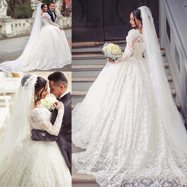 

ball gown lace wedding dresses arabic style appliques off the shoulder sheer long sleeves with long train bridal gowns, White